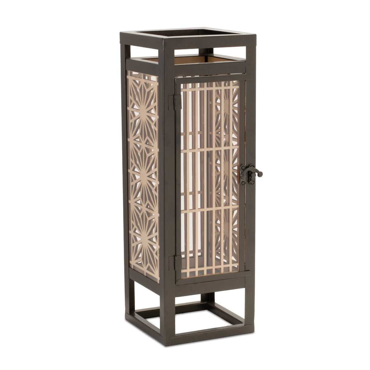 Cut out wood candle holder with iron frame 15"h