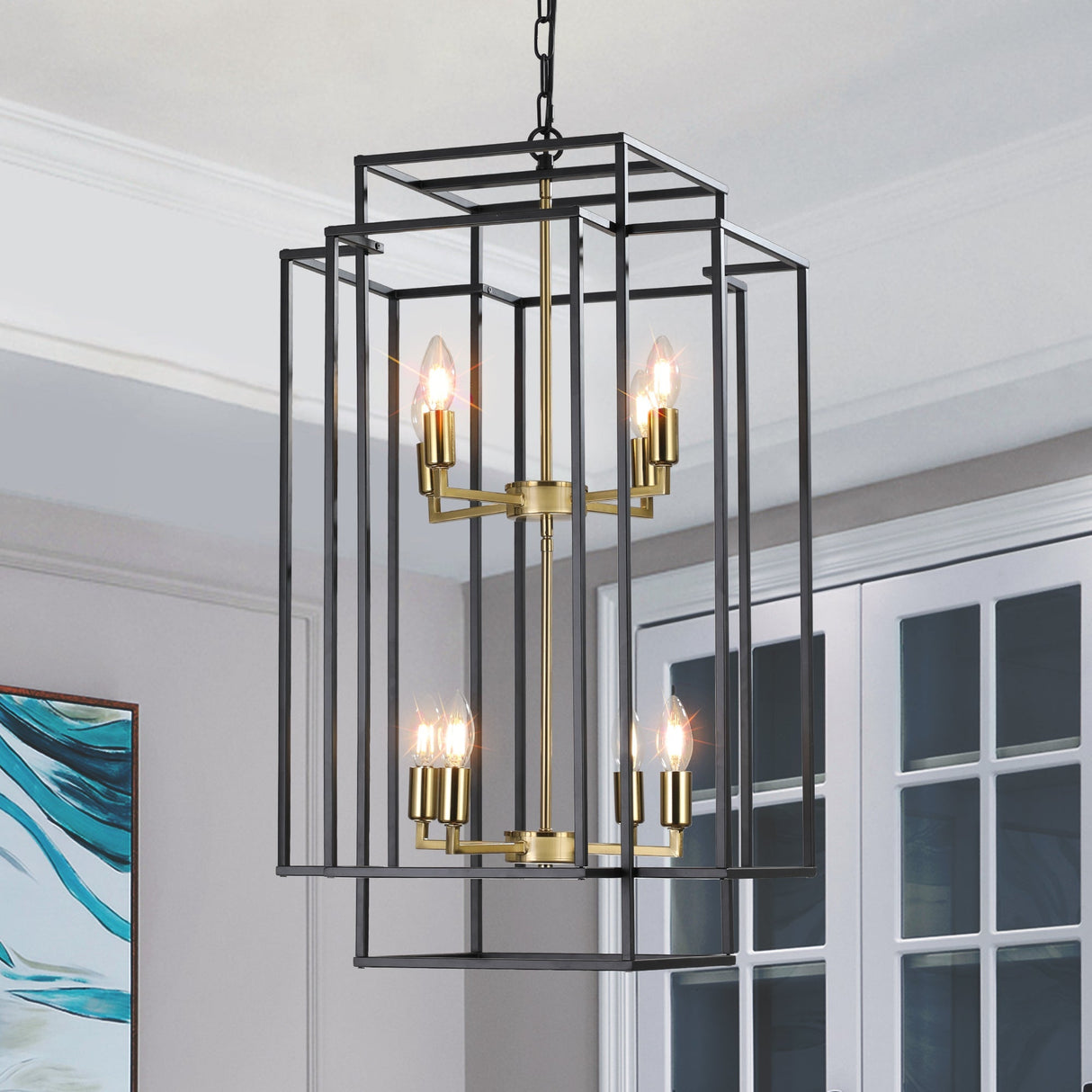 18' Modern 8-Light Black Gold Geometric Pendant Chandelier