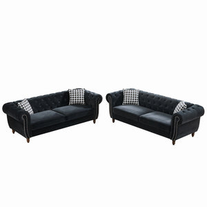 Chesterfield Upholstery Fabric Sofa With Roll Armrest & Nailhead, Mid Century Modern 3 And 3 Seater Couch