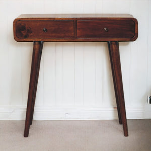 Solid Wood Chestnut Curved Hallway Table, 2-Drawers, Nordic Legs