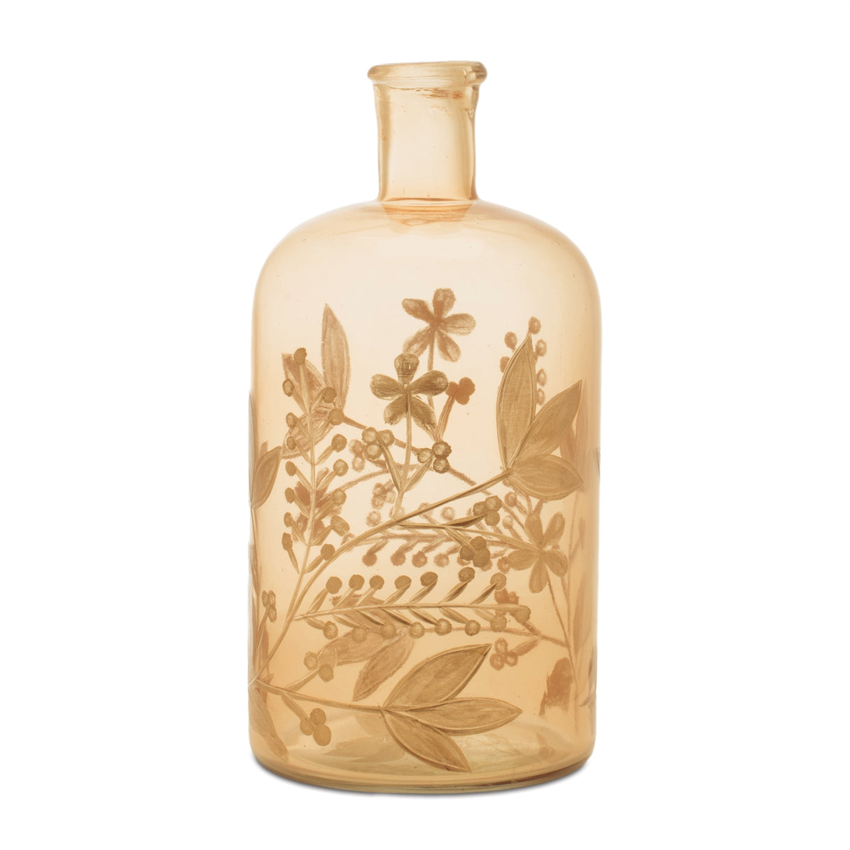 Foliage etched glass bottle vase 10"h