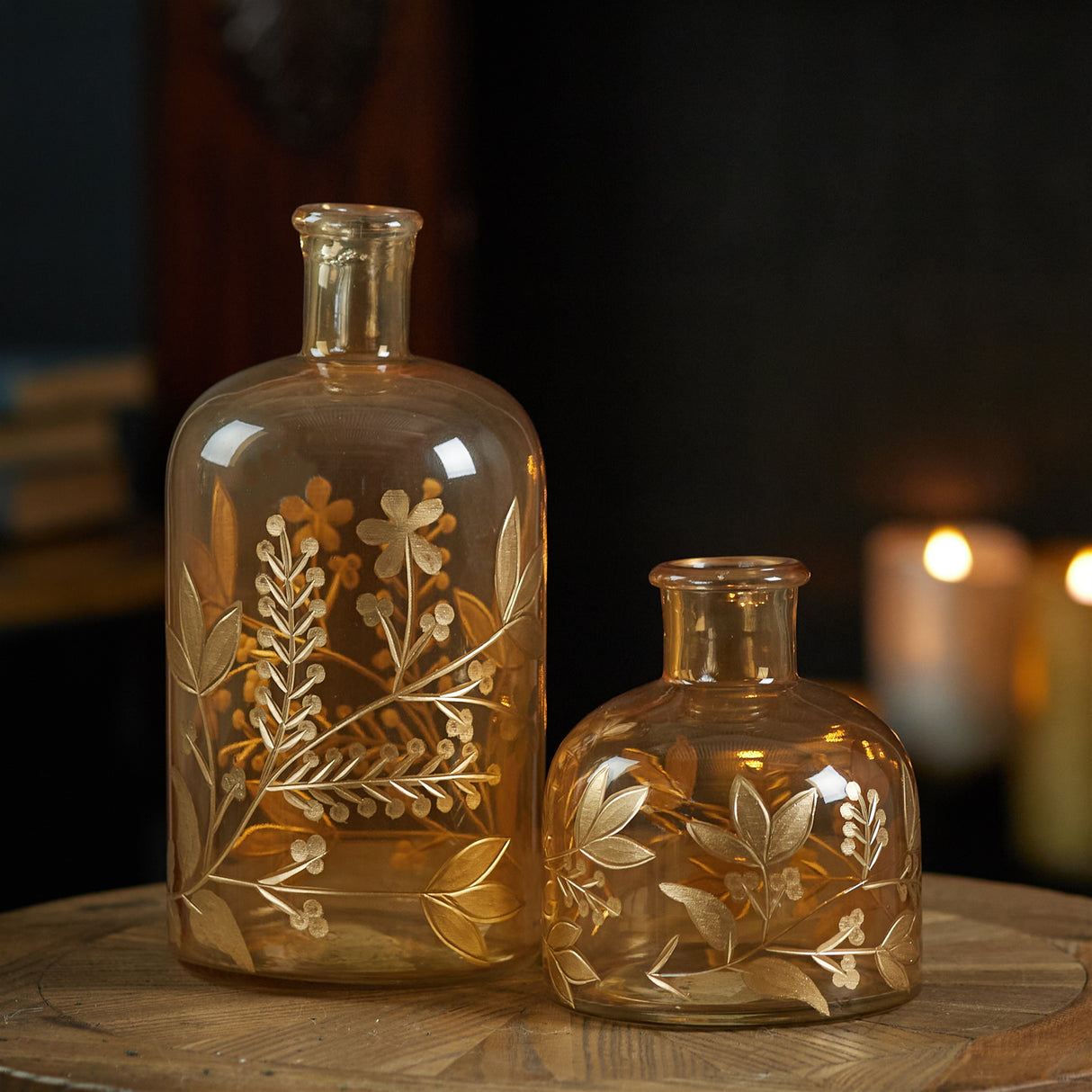 Foliage etched glass bottle vase 10"h