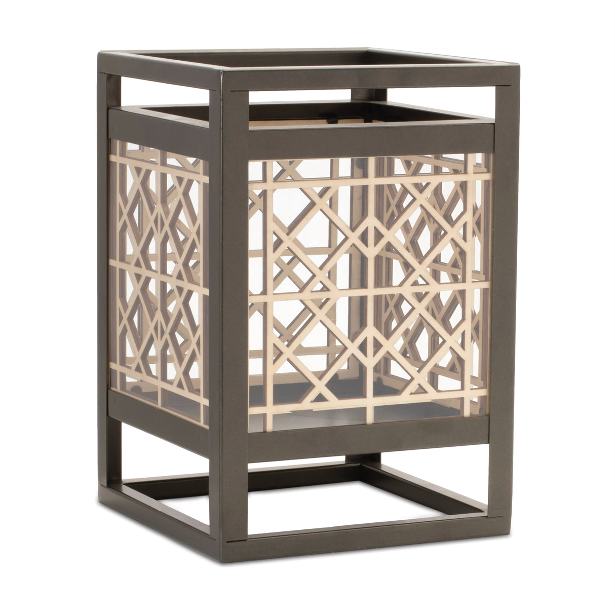 Cut out wood candle holder with iron frame 9.75"h