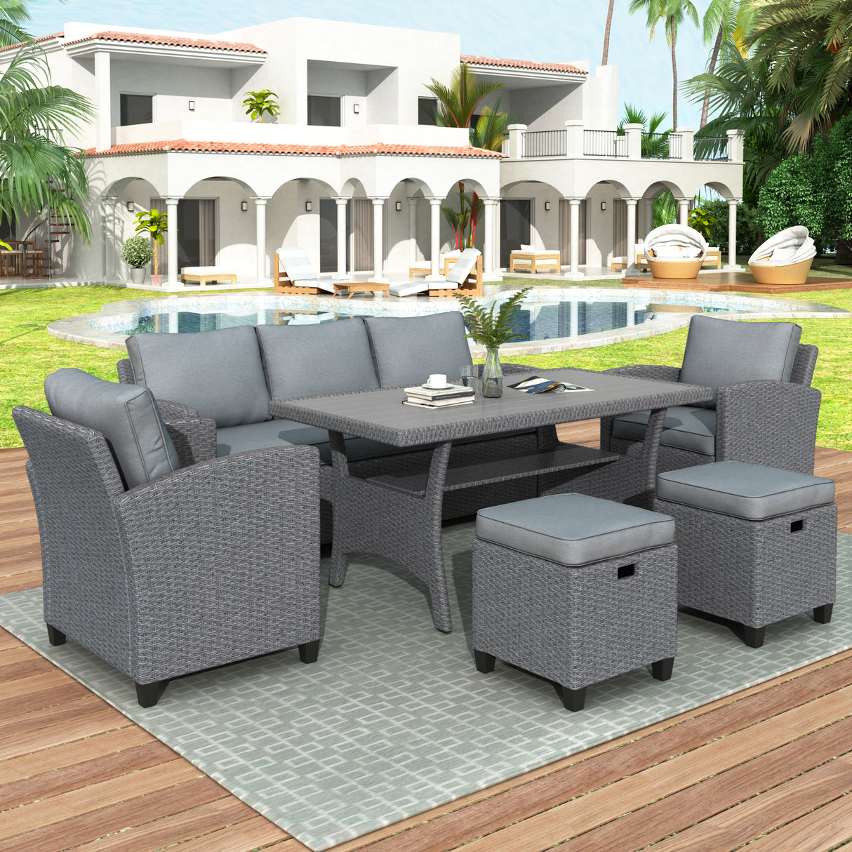 6-Piece Outdoor Rattan Wicker Set Patio Garden Backyard Sofa, Chair, Stools and Table, Gray