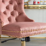 Velvet upholstered tufted chair with golden metal adjustable swivel base