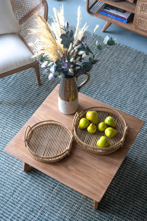 Set of 3 Round Decorative Brown Bamboo Woven Trays with Handles