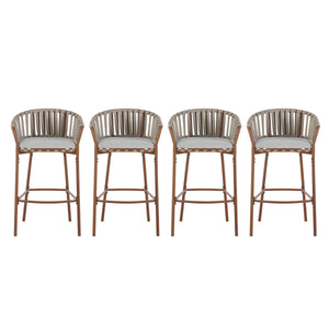Lodi Outdoor Metal Rope Barstool, Teak Finished Frame and Beige Cushion, Set of 4