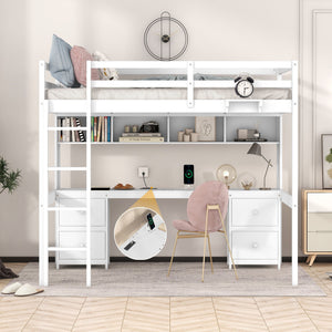 Loft Bed With Desk, Cabinets, Drawers, Charging Station And Bedside Tray