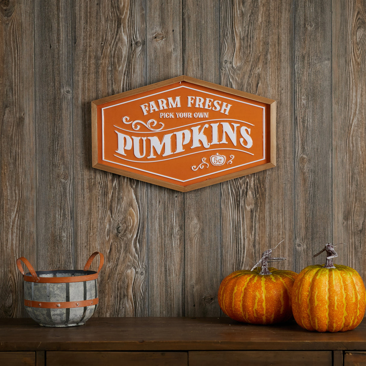 Framed metal farm fresh pumpkins sign 19.5"l