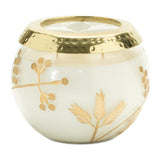 Frosted juniper scented soy candle with pressed leaf lid 5"d