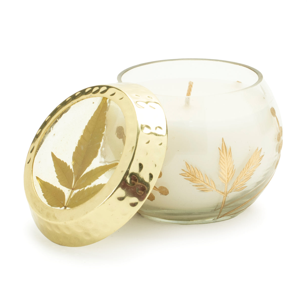 Frosted juniper scented soy candle with pressed leaf lid (set of 3)