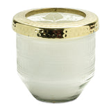 Whit currant scented soy candle with pressed floral lid 4.25"d