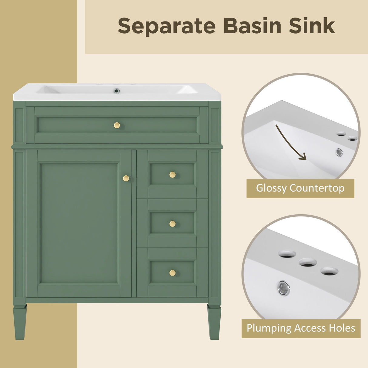 Bathroom Vanity With Top Sink, Storage Cabinet, 2 Drawers, Tip Out Drawer