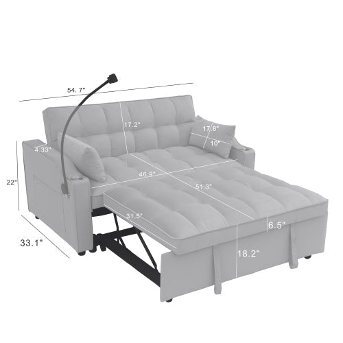 Modern Velvet Sleeper Loveseat with Pullout Bed and USB Ports - Light Gray