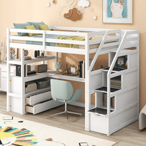 Loft Bed With Desk, Shelves, 2 Drawers, Storage Staircase