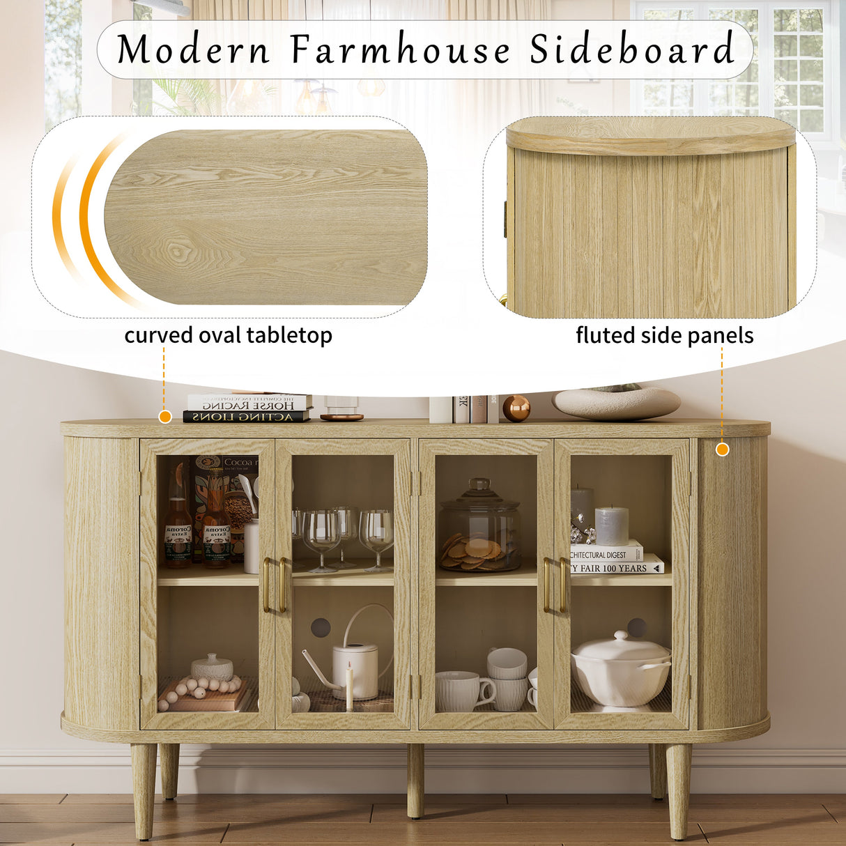 Wood Buffet Cabinet with Glass Doors and Adjustable Shelves