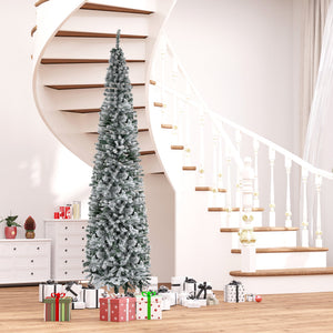 HOMCOM 9' Tall Unlit Snow-Flocked Slim Artificial Christmas Tree