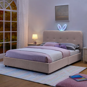 Queen Size Kids Upholstered Bed with Oversized Rabbit Ear Headboard, LED Light & 4 Storage Drawers, Boucle Fabric (84.5''X62.75''X41'')