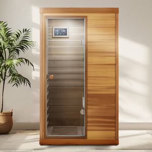 Red Cedar Mini One Person Far Infrared Indoor Sauna Room with Left Glass Door, Natural Wood & Caramel