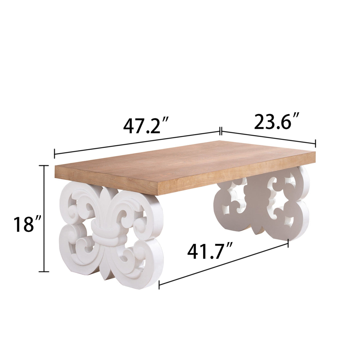 Ornate Wood Coffee Table – 47' Rectangular Farmhouse Style Table with White Carved Base and Natural Wood Top – Living Room Accent Table – Elegant Centerpiece for Modern or Traditional Decor