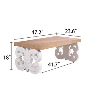Ornate Wood Coffee Table – 47' Rectangular Farmhouse Style Table with White Carved Base and Natural Wood Top – Living Room Accent Table – Elegant Centerpiece for Modern or Traditional Decor