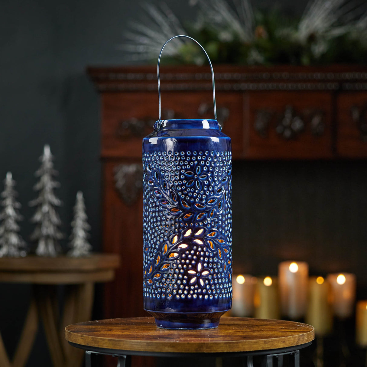 Snowflake punched metal candle lantern 15.5"h