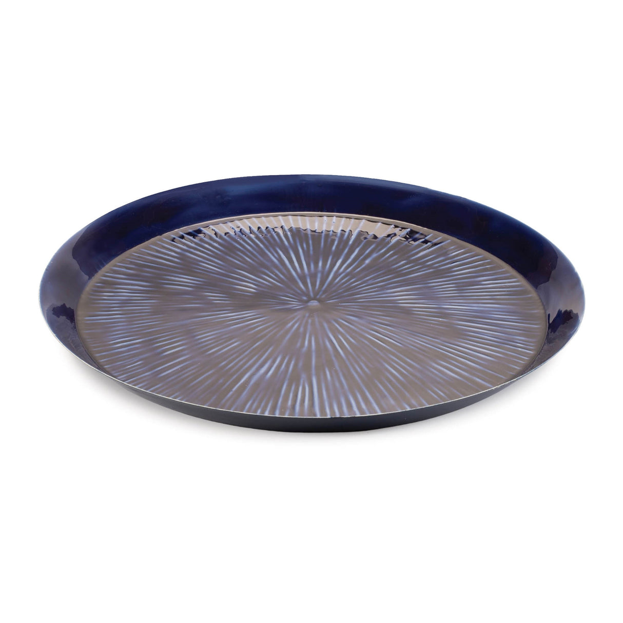 Round Etched Metal Tray 13.5"D; Blue
