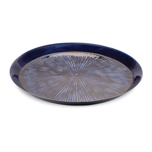 Round Etched Metal Tray 13.5"D; Blue