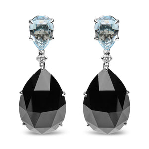 18K White Gold 1/5 Cttw Diamond with Pear Cut Sky Blue Topaz and Pear-Cut Black Onyx Gemstone Dangle Earring (G-H Color, SI1-SI2 Clarity)