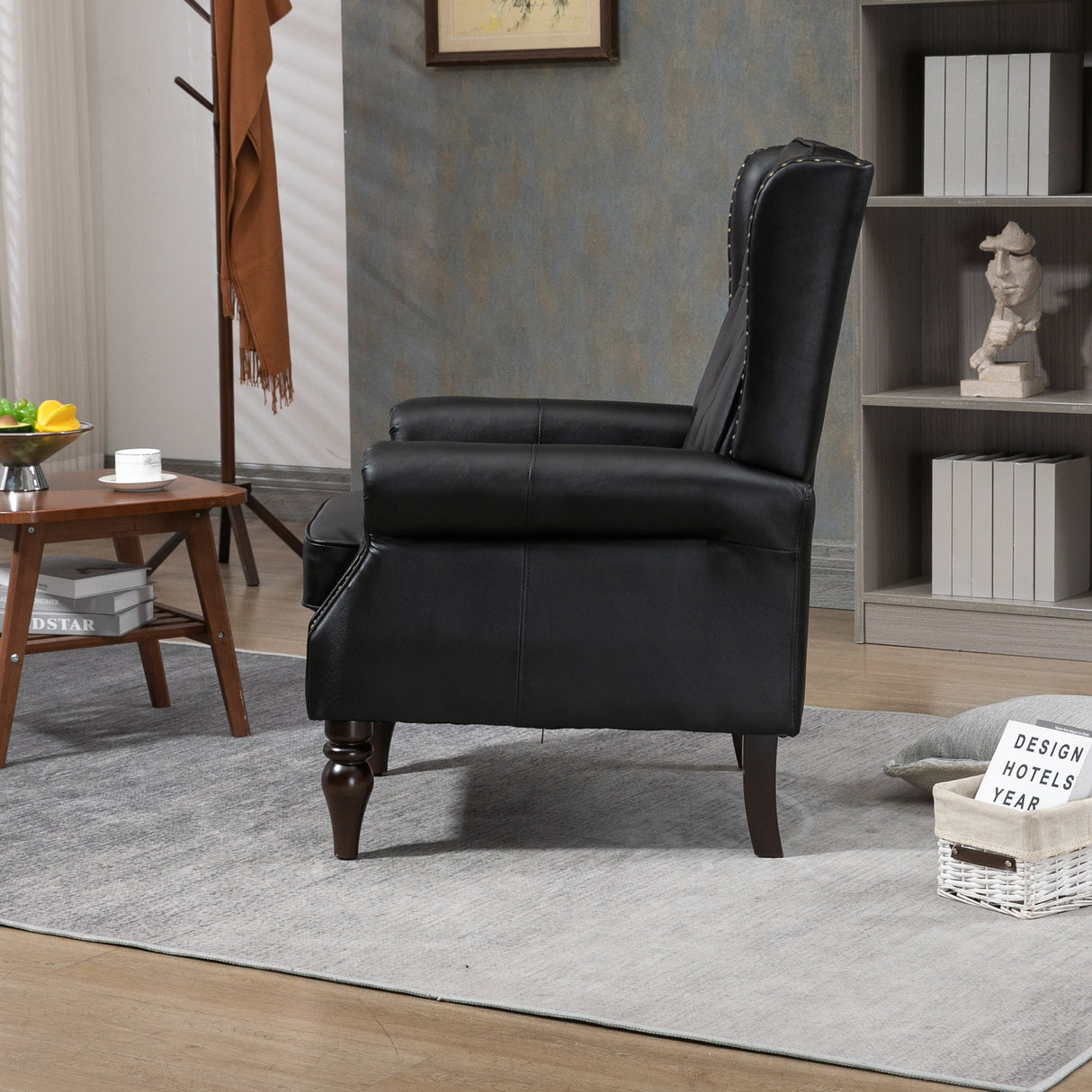 Modern Accent Armchair with Black PU Leather and Wood Legs