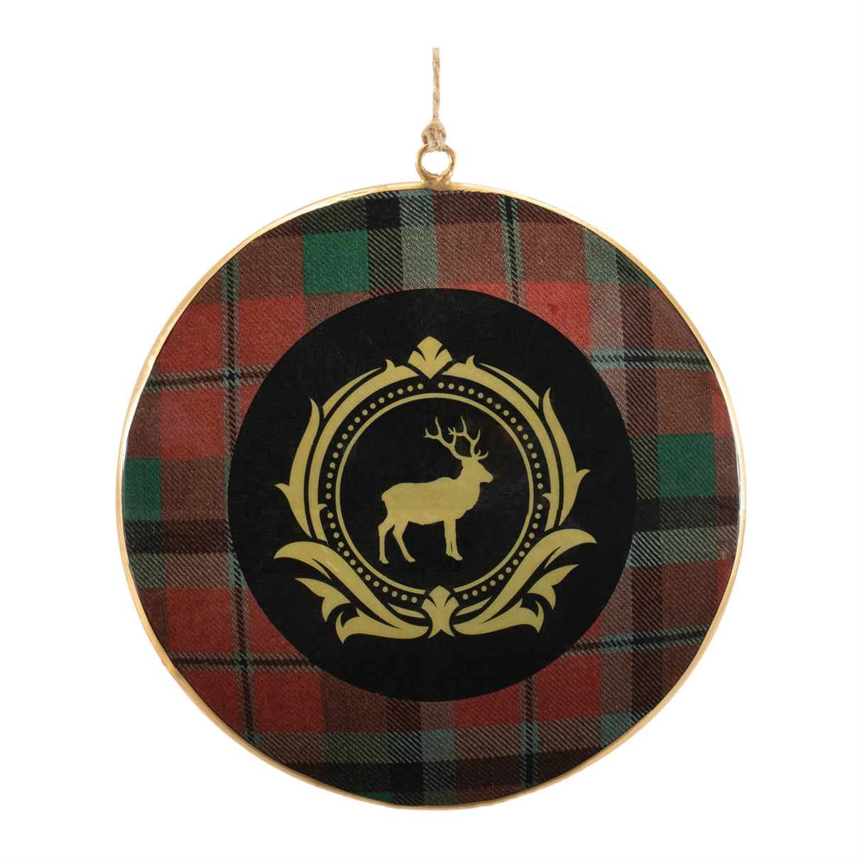 Metal deer and pine tree disc ornament (set of 6)