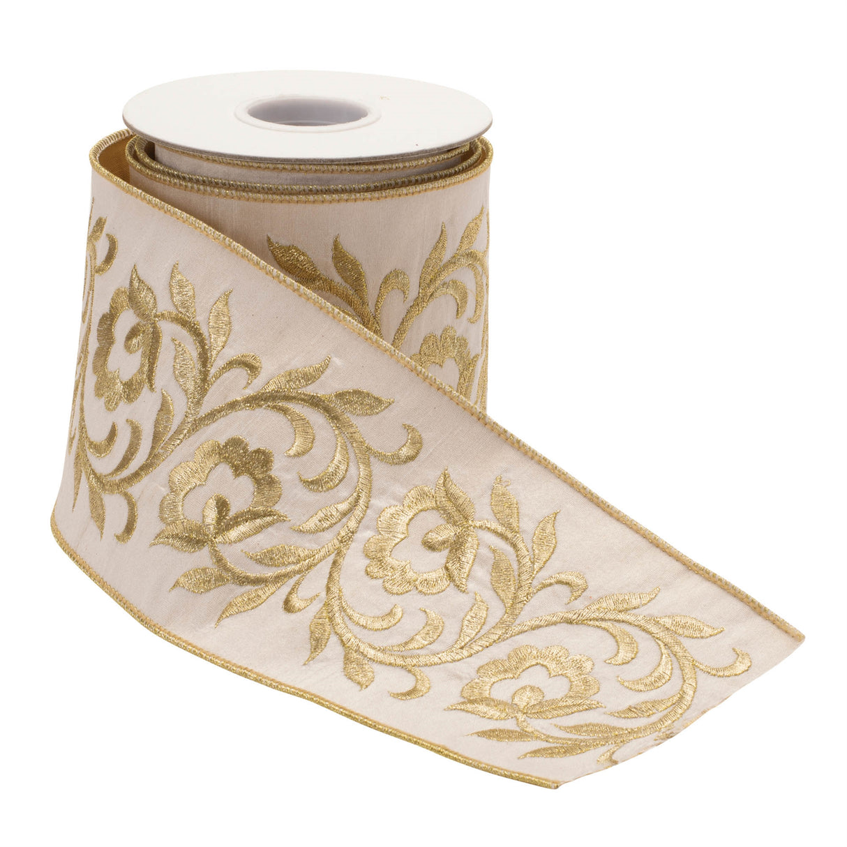 Ornate embroidered leaves wired ribbon 4" x 5 yds.