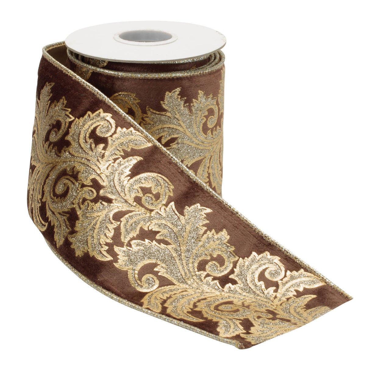 Embroidered Damask Wired Ribbon 4" x 5 Yds.; Gold, Brown