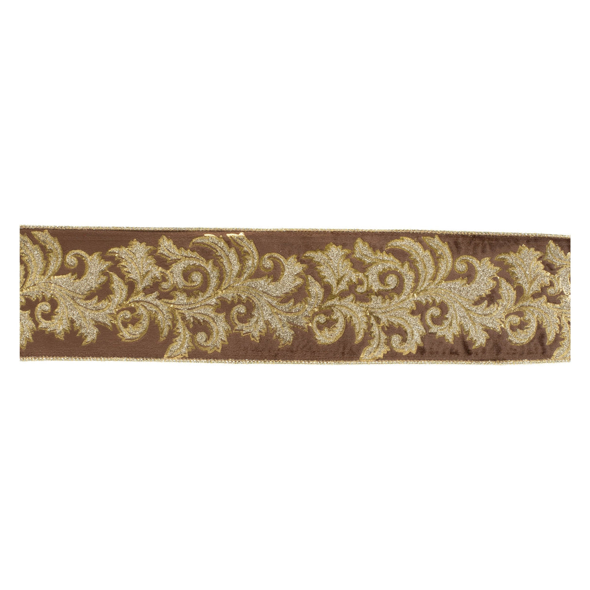 Embroidered Damask Wired Ribbon 4" x 5 Yds.; Gold, Brown