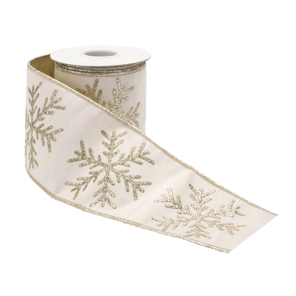 Glittered snowflake wired ribbon 4" x 5 yds.