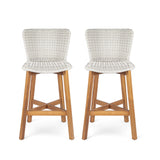 Lymington Outdoor Bar Stool Set of 2, Teak Finished Wood with Light Grey Wicker