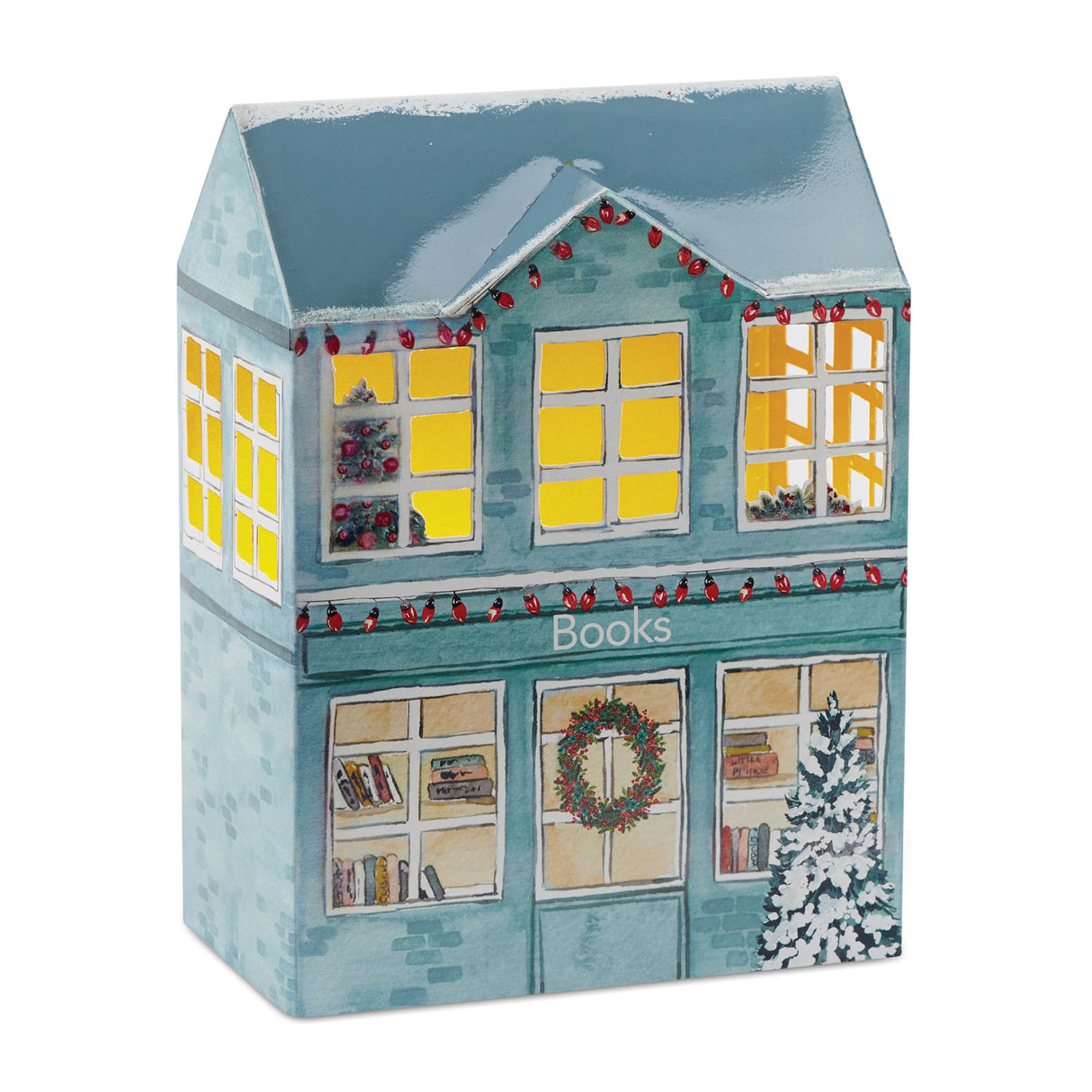 Iron village bookstore with led accent 12"h