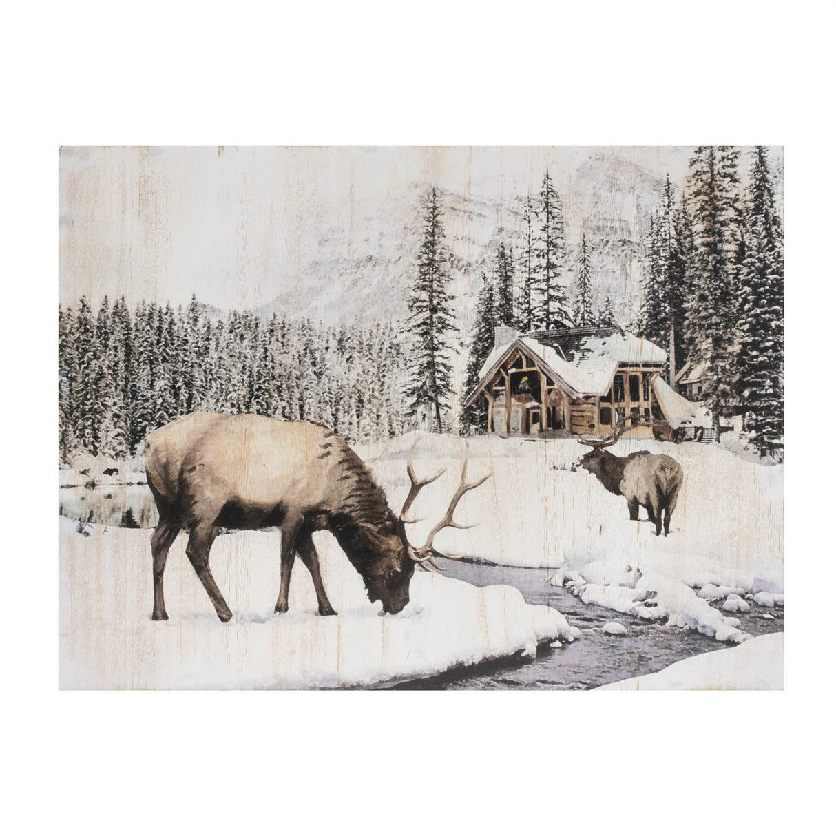Wooden winter reindeer and lodge plaque 17.5"h