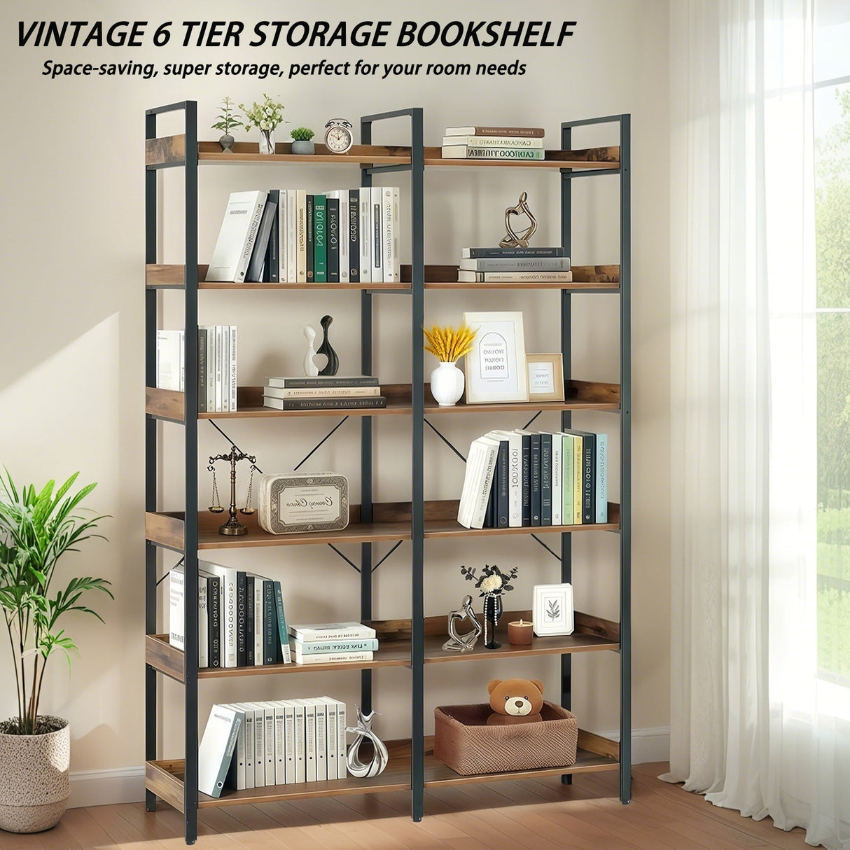6-Tier Industrial Bookshelf With 12 Open Shelves