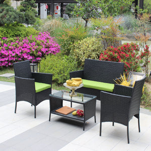 4 PC Rattan Patio Furniture Set with Cushions - Black and Green