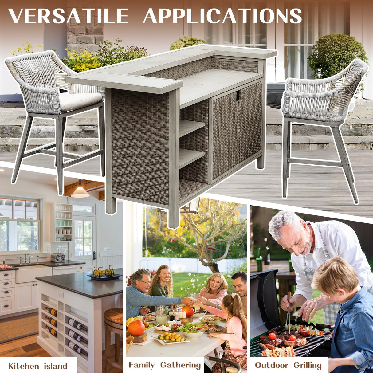 Outdoor Home Bar Unit Set of 3, All-Weather Wicker & Aluminum Frame