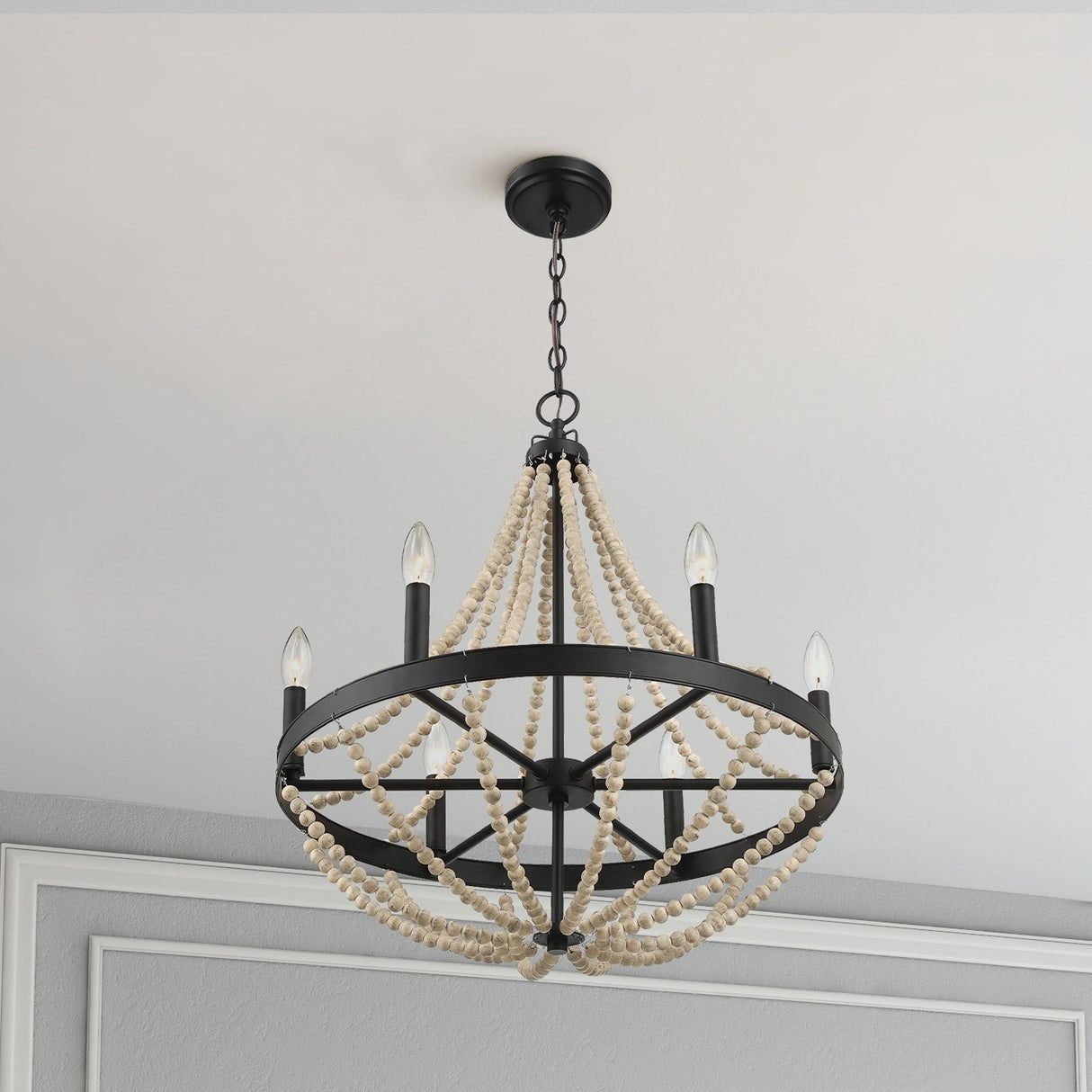 Starry - Chandelier 6 Candle Light Wood Beaded Pendant Light For Dining Room - Black / Clear