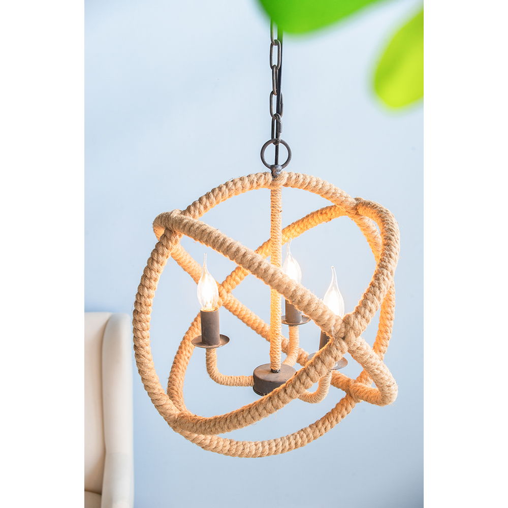 3 Light Farmhouse Chandelier, Rope Chandelier Globe Hanging Light Fixture With With Adjustable Chain For Kitchen, Bulb Not Included - Beige Brown
