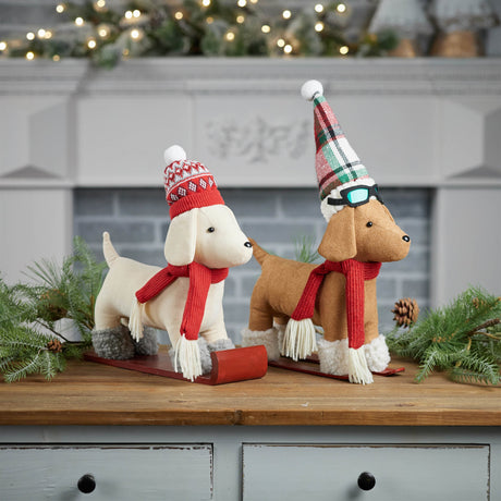 Plush dog character on sled and skis (set of 2)