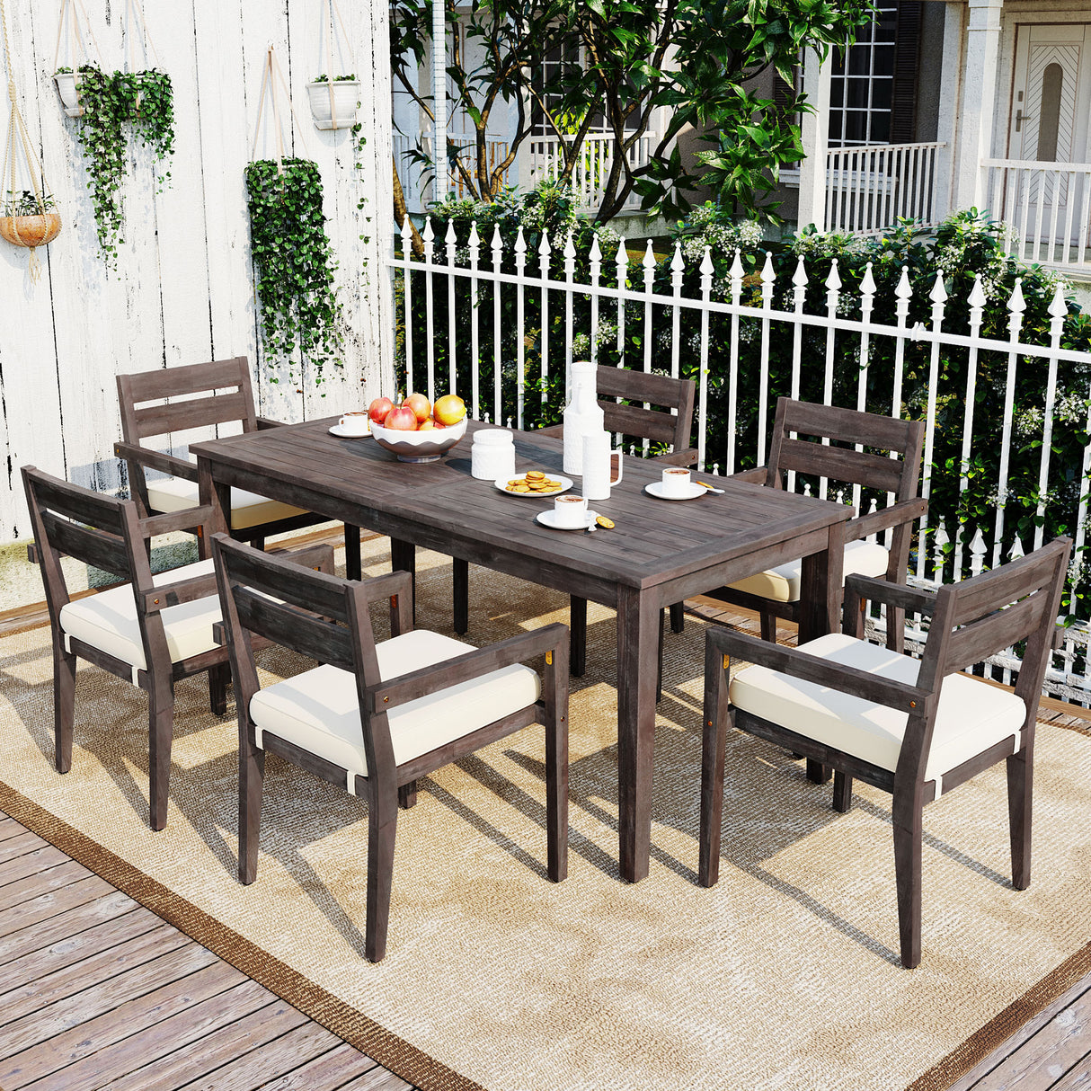 7 Pieces Acacia Wood Outdoor Dining Set with Cushions,Modern 6 Chairs and 1 Large Table