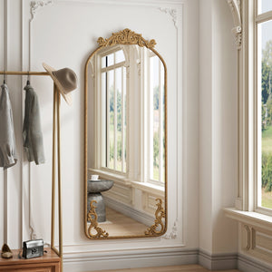 Retro Arched Full Body Mirror with Vintage Carved Applique
