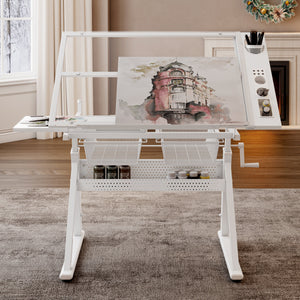 Hand Crank Adjustable Tempered Glass Drafting Table with Chair