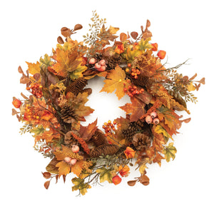 Mixed fall foliage and pincones wreath 26.5"d