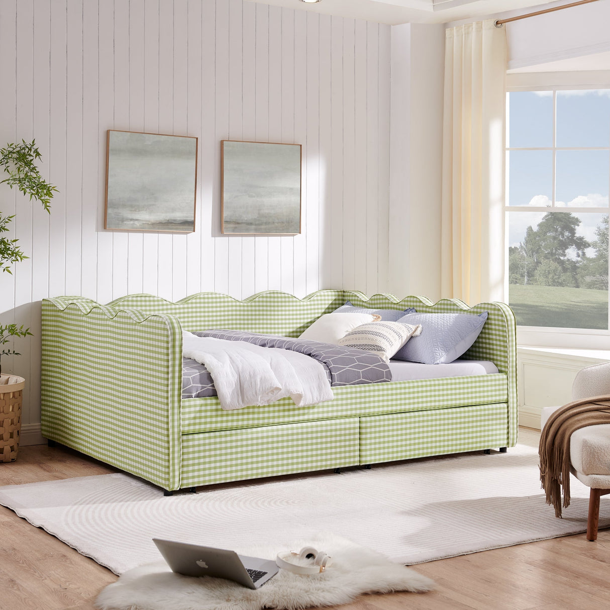 Queen Size Cozy Gingham Daybed with Two Storage Drawers, with USB Port and Adorable Wave Shaped, Linen Fabric