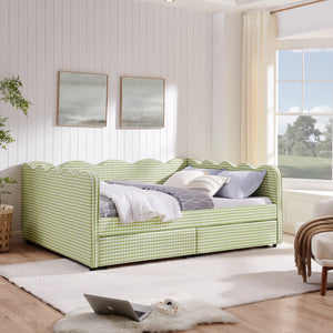 Queen Size Cozy Gingham Daybed with Two Storage Drawers, with USB Port and Adorable Wave Shaped, Linen Fabric